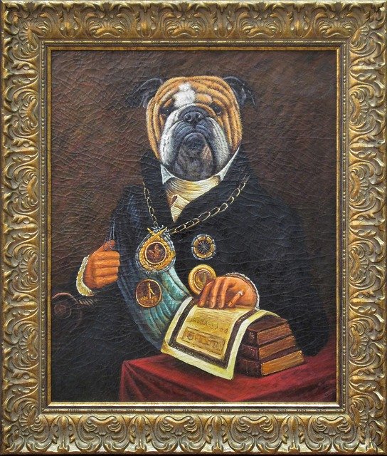 antiquiertes Bild im goldenen Rahmen: Hund mit Urkunden und Auszeichnungen