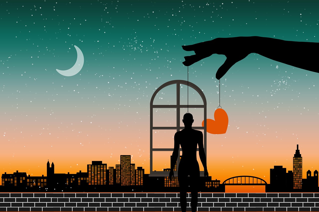 Mensch und Herz an Seilen vor einer Stadt.